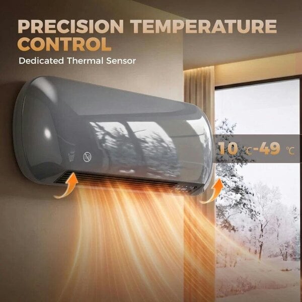 Bobobiy 2000W Ceramic Electric Heater with Fan, Adjustable Thermostat, Wall Mounted - Grey