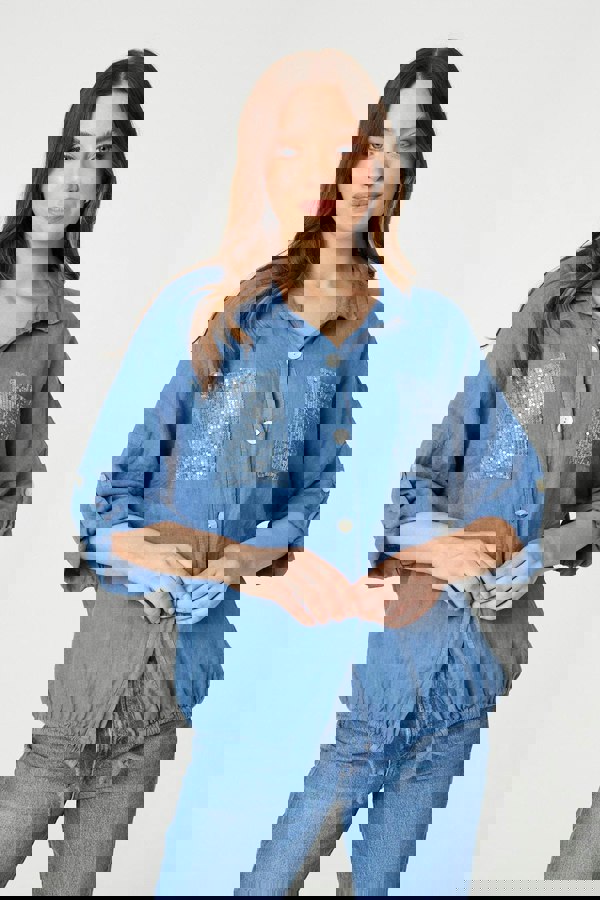 Blue | Sequin Detail 3/4 Turn-Up Sleeve Shirt
