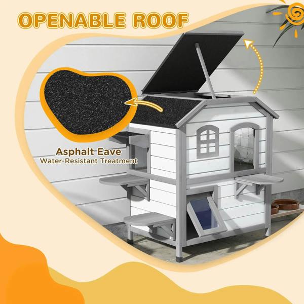 Two-story white cat house with openable roof panel and resting platforms