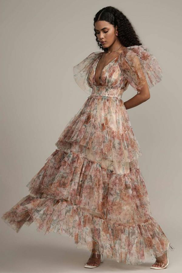 BALOU Womens Floral Tulle Maxi Dress