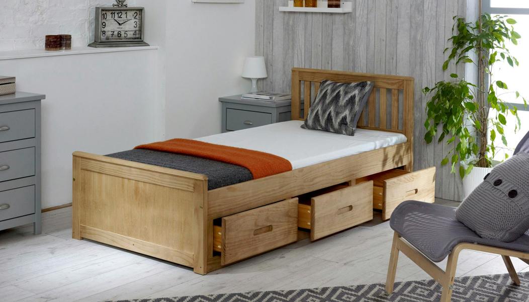 Mission TM Mission 3ft Single Pine Storage Bed with 3 Drawers Waxed White Grey