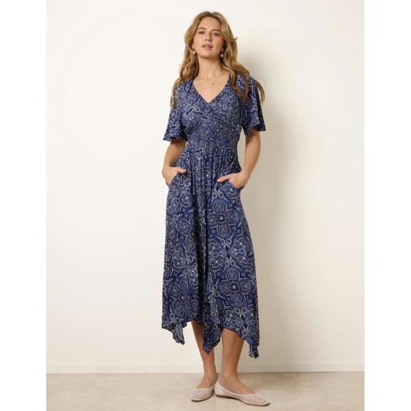 Blue Vanilla Shirred Waist Hanky Hem Paisley Print Dress