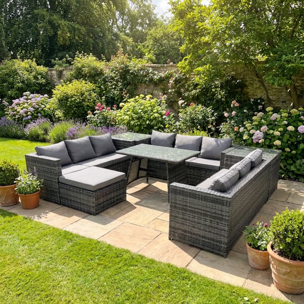 Fimous Rattan 10 Seater Outdoor Garden Furniture Set with U Shape Sofa, Dining Table, 2 Side Tables & Footstool - Dark Grey