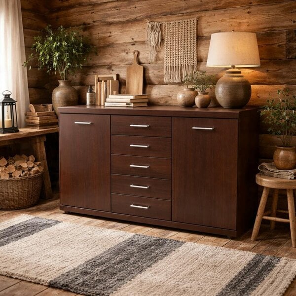 Wyld Haus Sonderborg Wide Dark Mahogany Wood Veneer Sideboard 2 Doors 5 Drawers