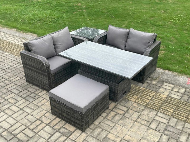 Fimous Outdoor Rattan Furniture Garden Dining Set Height Adjustable Rising lifting Table Love Sofa Set With Side Table Big Footstool Dark Grey Mixed