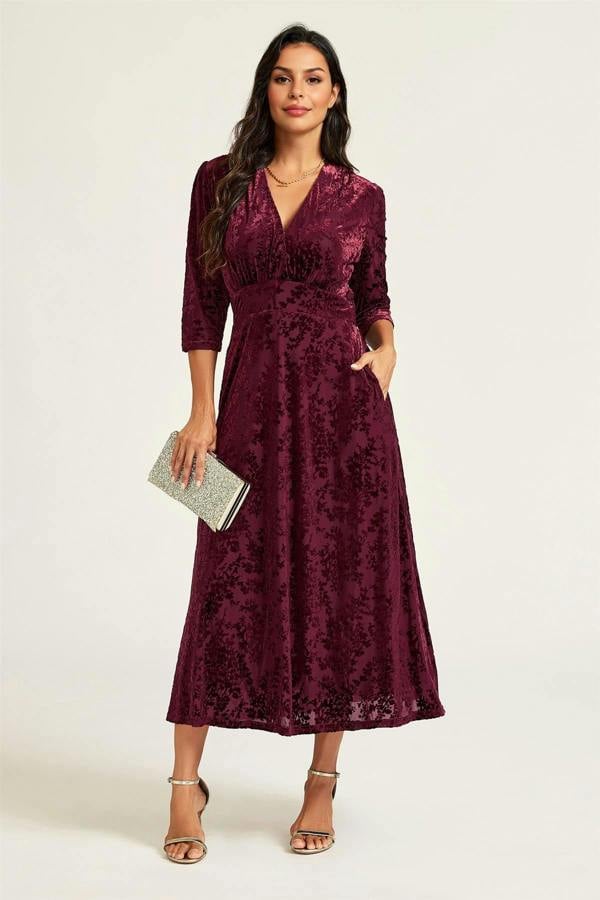 FS Collection Velvet Flock Wrap Neck 3/4 Sleeve Midi Dress In Wine