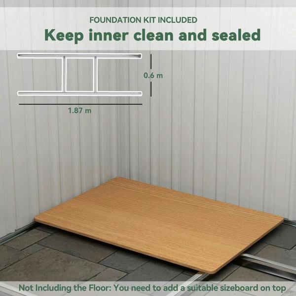 Light green metal storage shed foundation kit layout with inner base platform