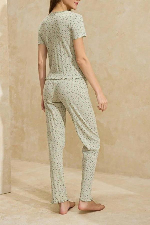 WOVCOR 2-Piece 100% Cotton Floral Ribbon Knit Pajama Set