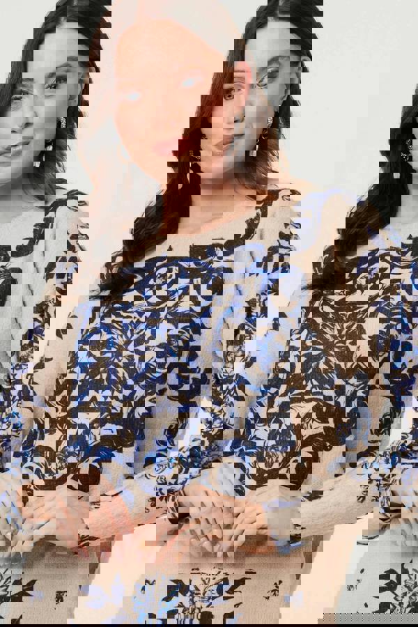 Beige | Baroque Print Short Jumper Dress
