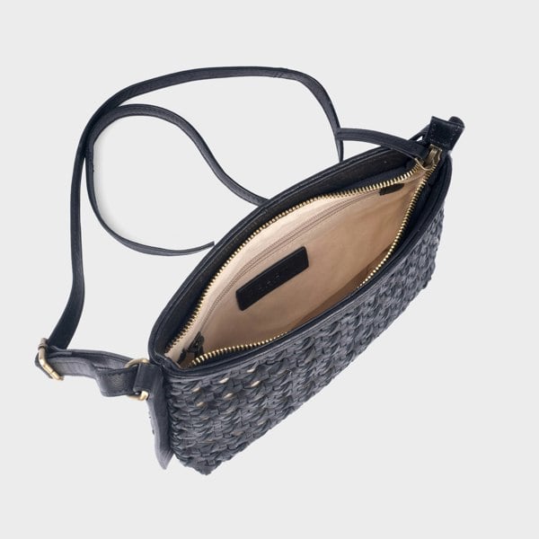 Assots London 'LEATHER LOOM' Black Real Leather Woven Crossbody Bag
