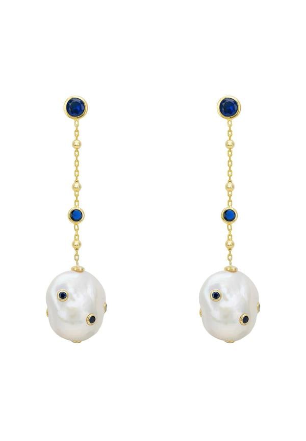 Latelita Polka Dot Baroque Pearl Chain Drop Earrings Gold Sapphire