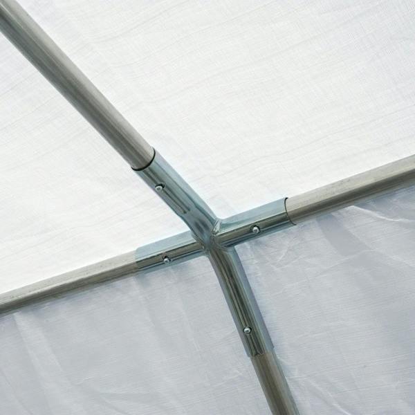 White gazebo steel tube frame joint with cross bars and secure connectors