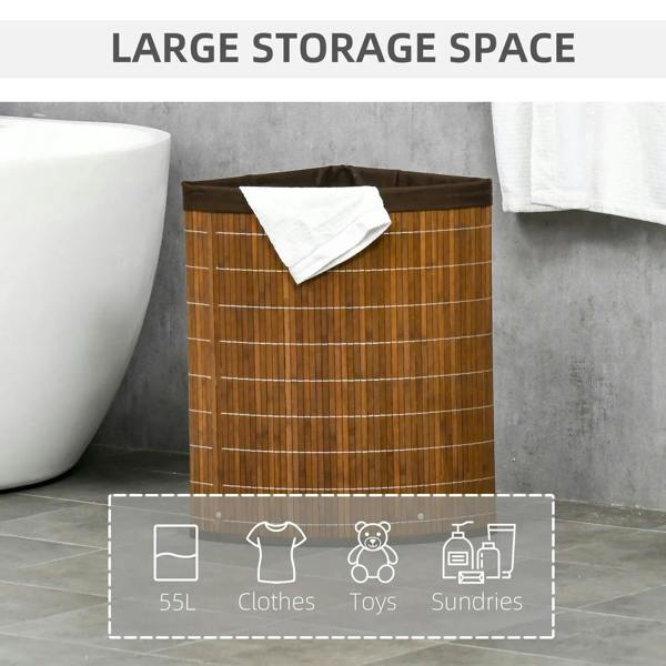 Brown bamboo laundry hamper with lid and white liner bag holding folded clothes