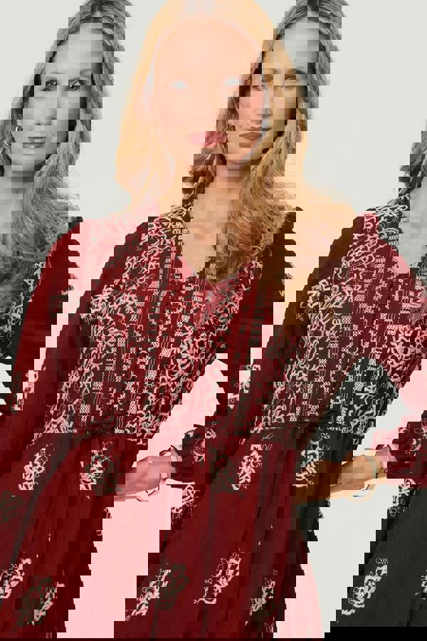 Red | Embroidered Long Sleeve Midi Dress