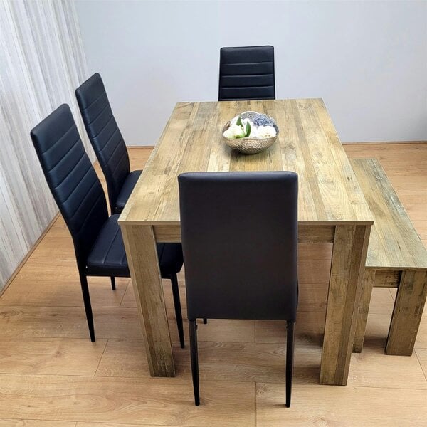 Kosy Koala Wooden Dining Table Set for 6 Rustic Effect Table With 4 Black Leather Chairs and 1 Bench