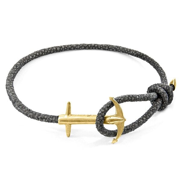 Anchor & Crew Shadow Grey Admiral Anchor 9ct Yellow Gold and Stingray Leather Bracelet