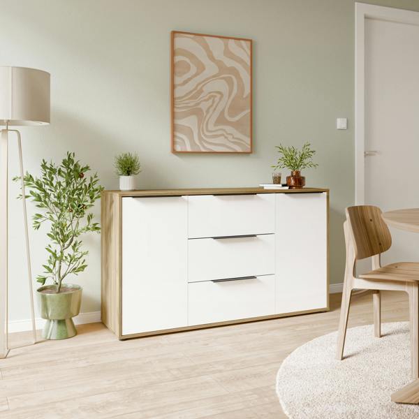 Furniture To Go Orkney 3 Drawer Sideboard with 2 Doors in Mauvella Oak and White Gloss