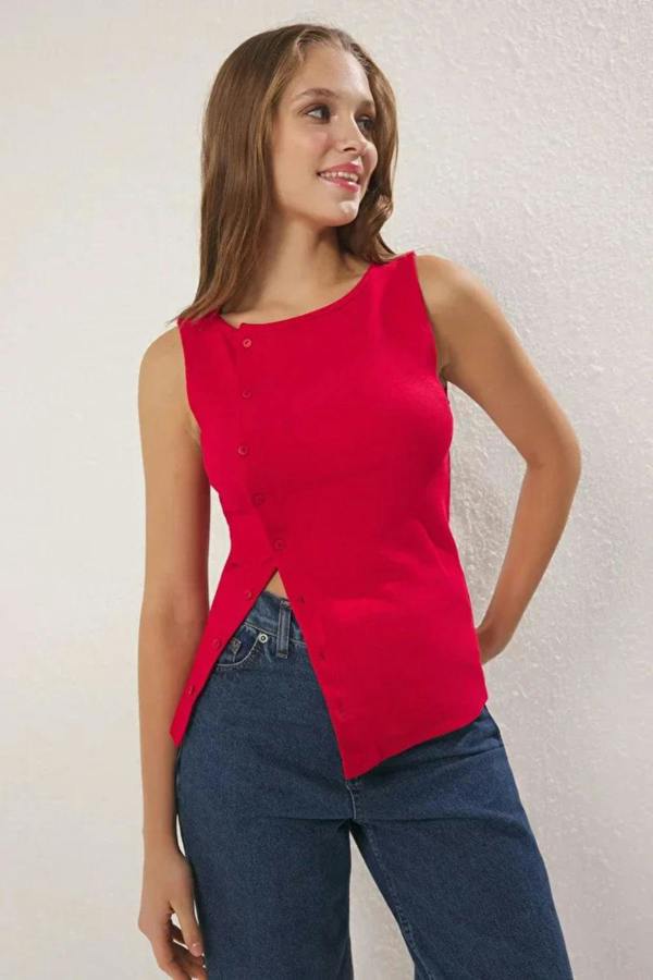 Hoxton Gal Buttoned Asymmetric Fitted Ribbed Stretch Knit Blouse