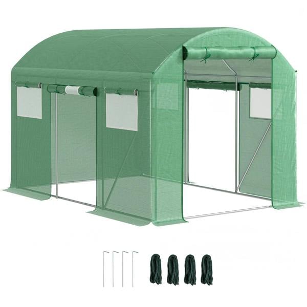 Green walk-in polytunnel greenhouse with side panels and zippered front door