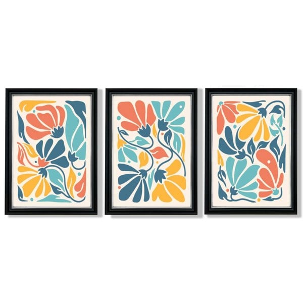 Set of 3 Colourful Floral Framed Art Prints with Vermeer Black and Silver Frames