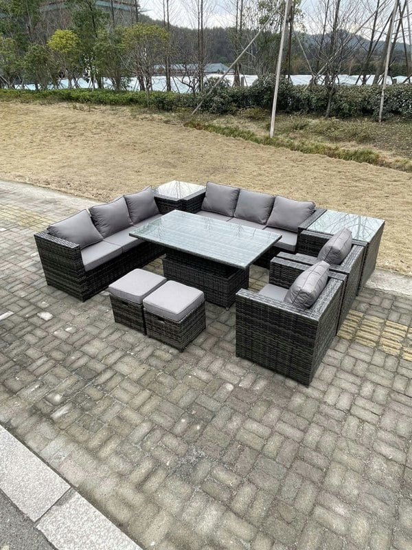 Fimous 9 Seater?Outdoor Rattan Garden Furniture Set Adjustable Rising Lifting Dining Table With Side Table Chairs Stools Dark Grey Mixed