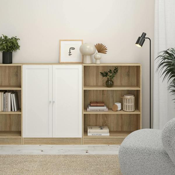 Furniture To Go Basic Low Wide Storage Cabinet in Oak (2 Shelves) with 2 White Doors