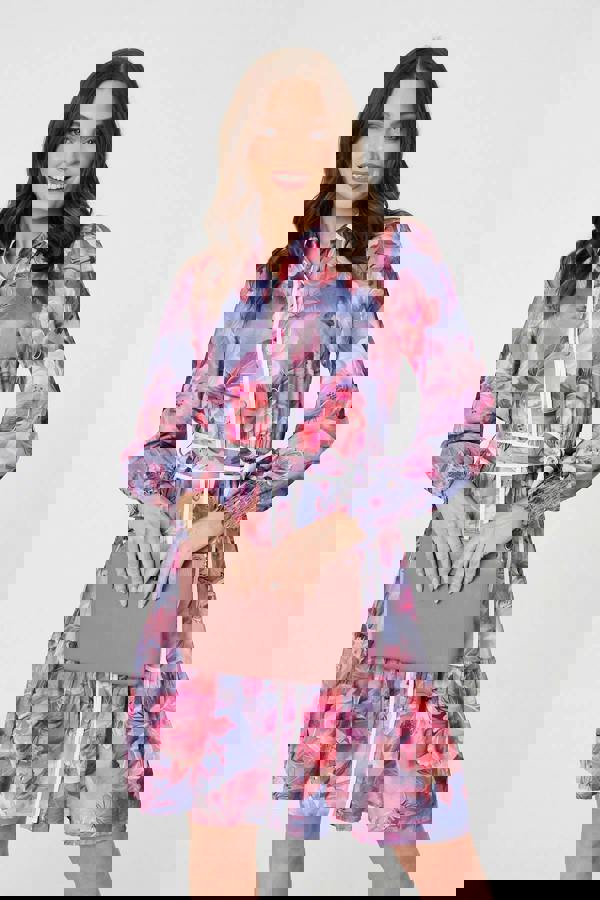 Purple | Floral Tiered Knee Length Shirt Dress