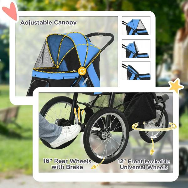 Blue and black pet stroller with adjustable canopy, rear brake and lockable front wheels