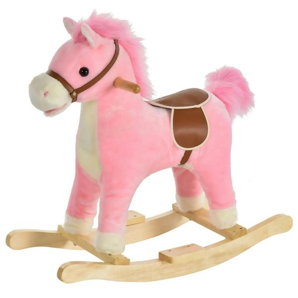 Pink plush rocking horse toy with brown bridle and wooden rocker base