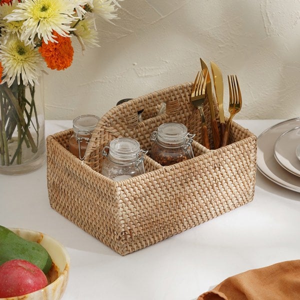 Rattan Condiment and Cutlery Basket Holder - Coastal Villa Homeware