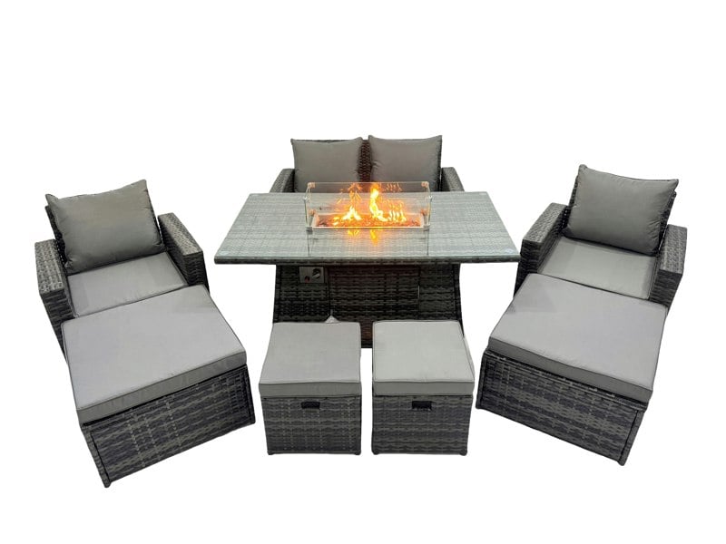 Fimous 8 Seater Rattan Garden Furniture Set with Gas Fire Pit Dining Table, Sofa, 2 Chairs & 3 Footstools - Dark Grey