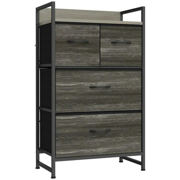 Rustic Chest of Four Fabric Drawers - Grey Wood Effect