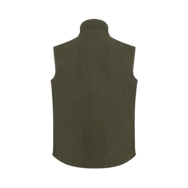 Rear view of the Hoggs of Fife Woodhall fleece gilet in Olive with a scooped hem for better coverage