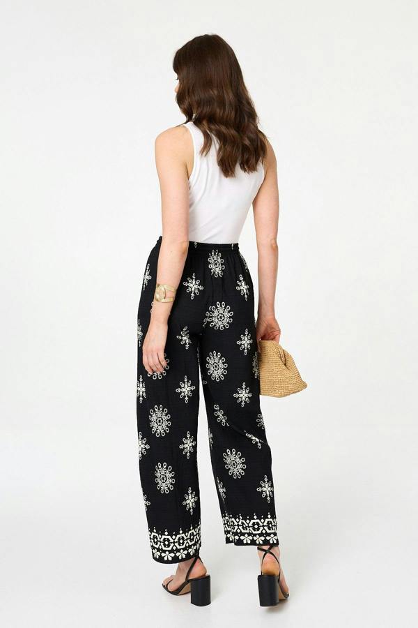 Black | Border Print Wide High Waist Trousers