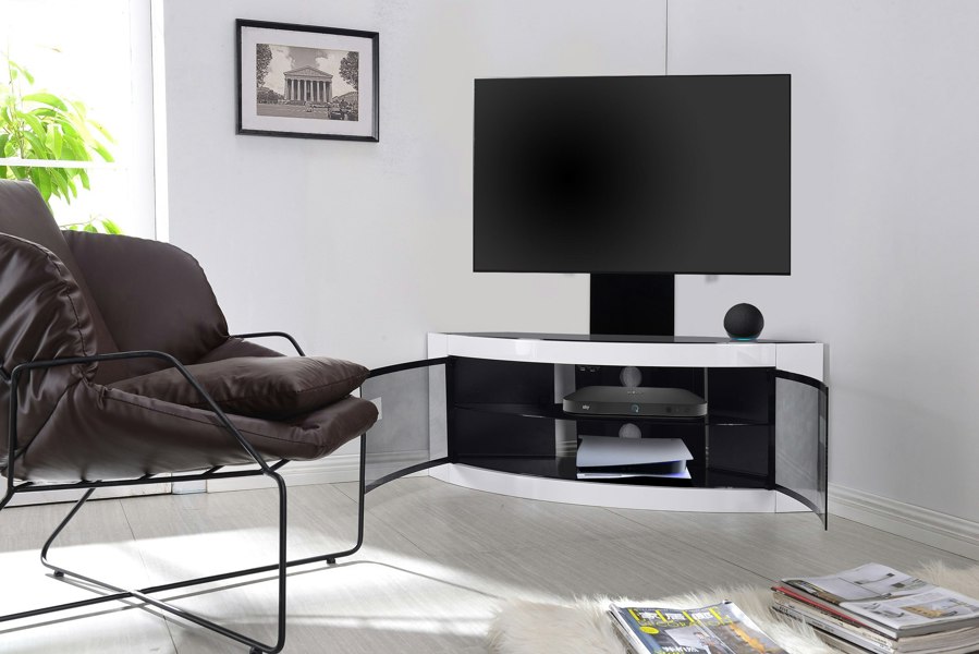 Centurion Supports PANGEA Black/White Beam-Thru Curved True-Corner 32"-50" TV Cabinet with Mounting Arm