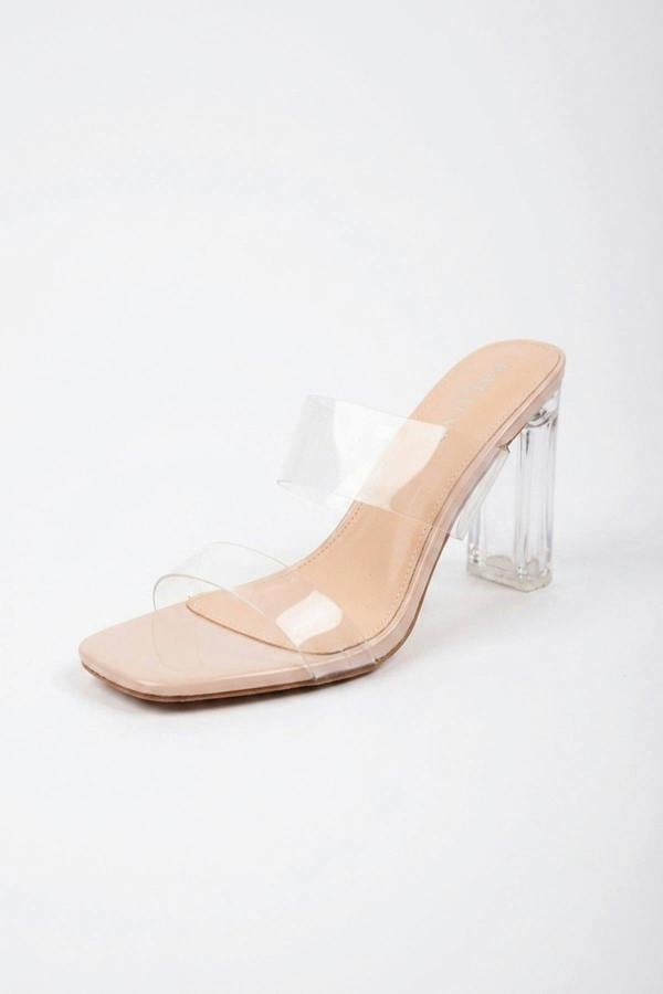 Pearl Transparent Strap Square Toe Mules - Beige