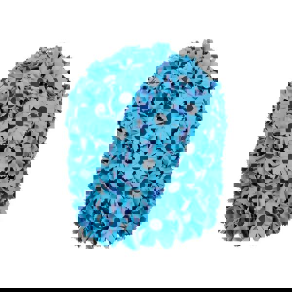 Fashy blue flower swim cap with ruffled fabric flowers and black centers