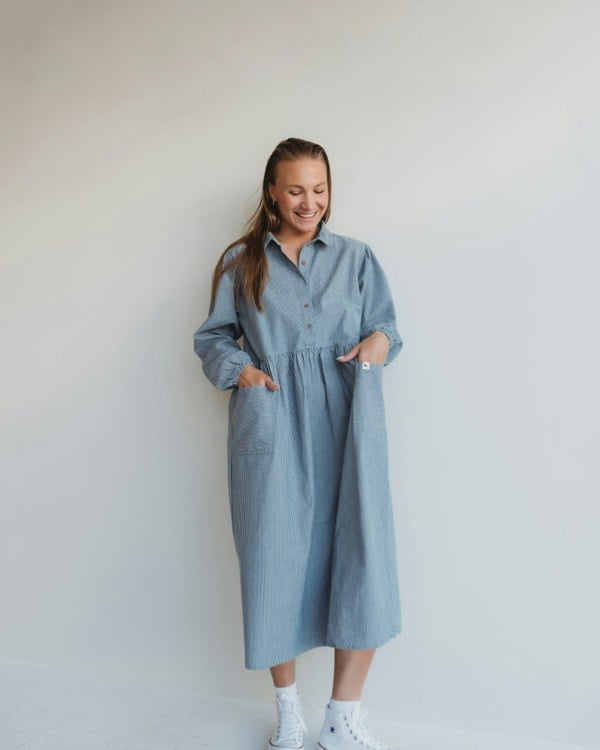 Magda Blue Pinstripe Print Long Sleeve Midi Dress- image 4