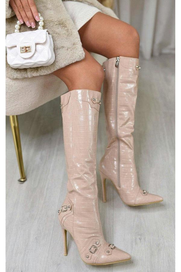 Jessie Knee High Heeled Boots - Nude