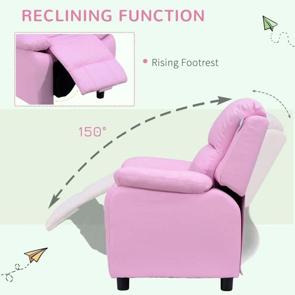Kids pink recliner chair with adjustable 150° rising footrest