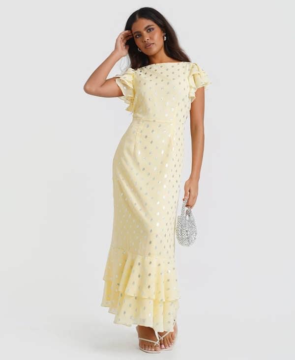 Lemon Flutter Sleeve Foil Midi Dress