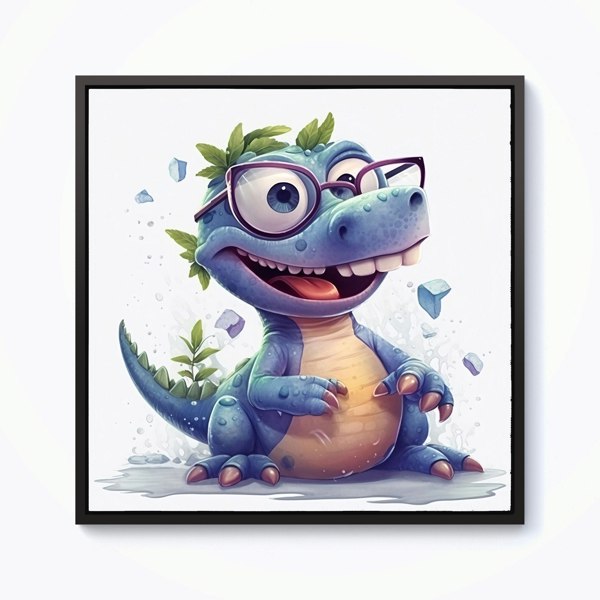 Warren Reed Happy Dinosaur With Glasses Framed Canvas