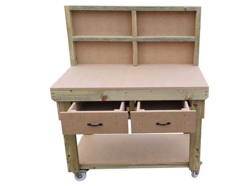 Wooden MDF Top Workbench – Mobile Tool Cabinet with Drawers, Back Panel and wheels, Ideal for Dry Indoor Spaces Such as Garages, Workshops, and Studios.