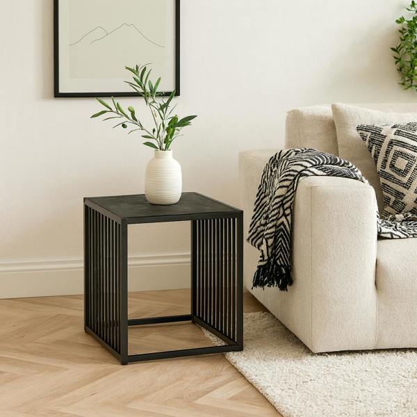 Wyld Haus Porto Organic Black Metal Side Table Stone Effect Top
