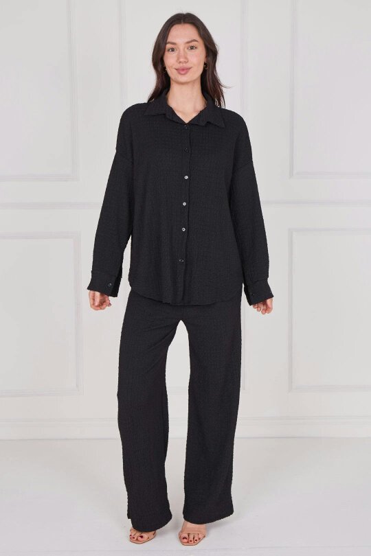Elaina Fashion Textured Shirt & Wide-Leg Trouser Co-Ord Set