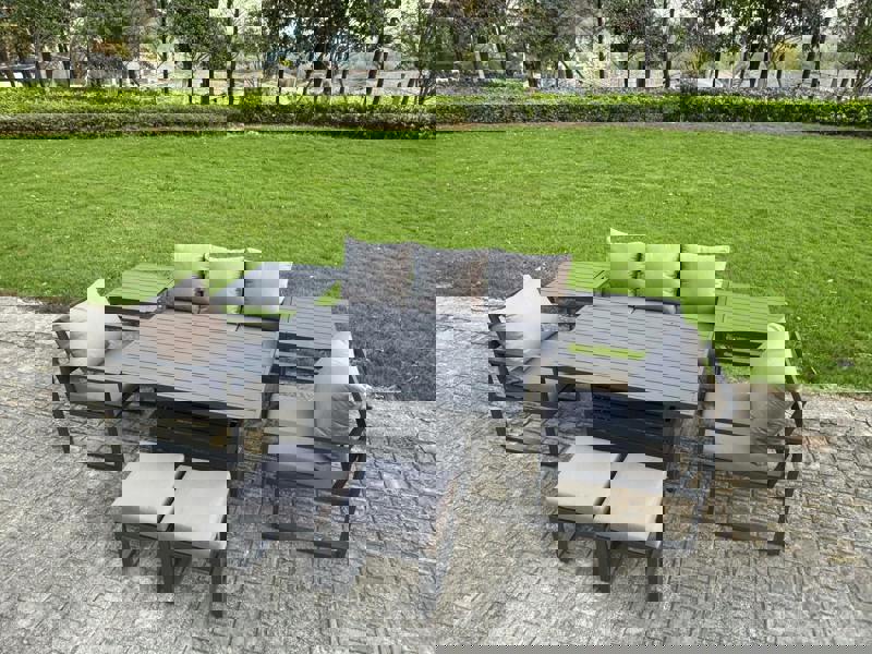 Fimous 7 Seater Aluminium Garden Furniture Set with Adjustable Rising Dining Table, 2 Chairs, 2 Footstools, 2 Side Tables - Dark Grey