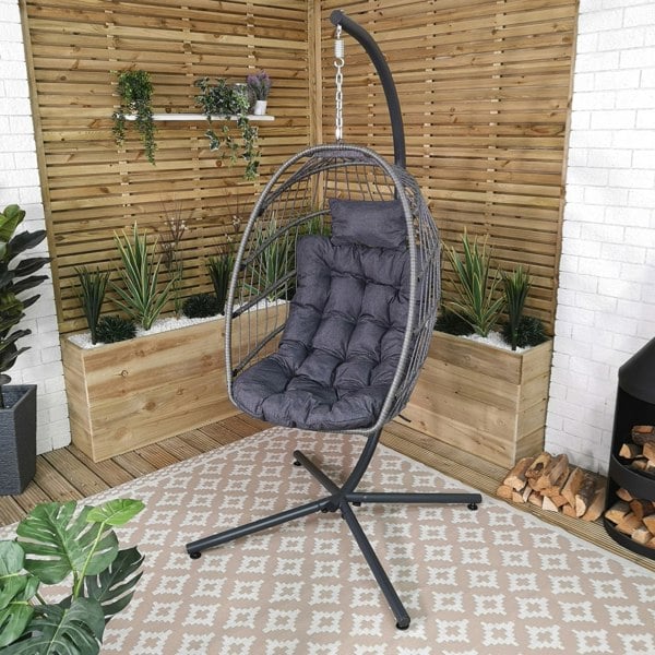 Samuel Alexander Hanging Egg Chair With Stand Waterproof Cover And Cushions Steel Frame Rattan Outdoor Swing Chair - Grey