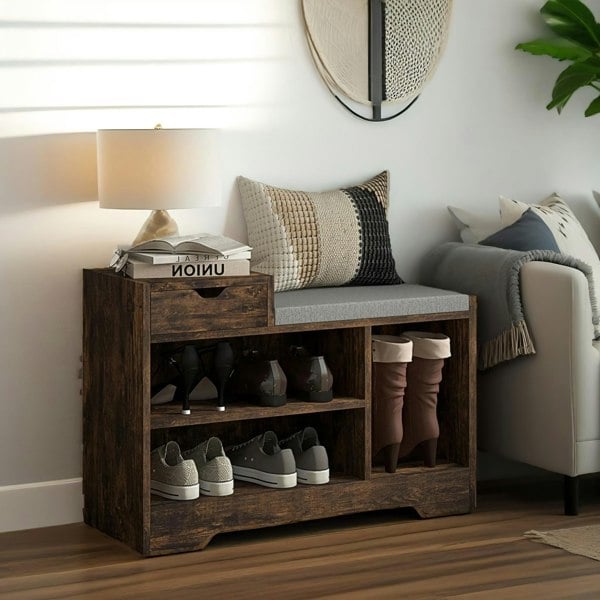 Rafaelo Mobilia Industrial Shoe Storage Bench With 3 Open Shelves Rustic Brown