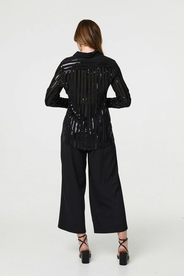 Black | Sequin Striped Sheer Long Sleeve Shirt
