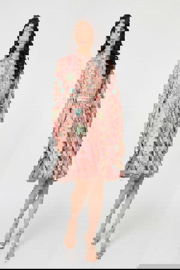 Rust | Floral Tie Waist Knee Length Dress
